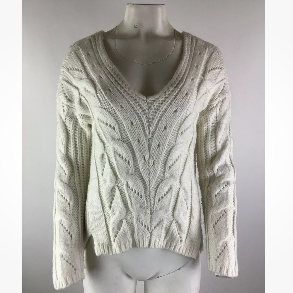 Anthropologie Sz XS Ramona Cable Knit V Neck Sweater Ivory Acrylic Alpaca